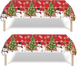2Pcs Christmas Party Tablecloth Decorations for Xmas Party,Red Elk Snowman Xmas Tree Disposable Party Table Cloth Party Table Covers,Dining Tablecover for Winter Holiday Christmas Picnic Party Decor