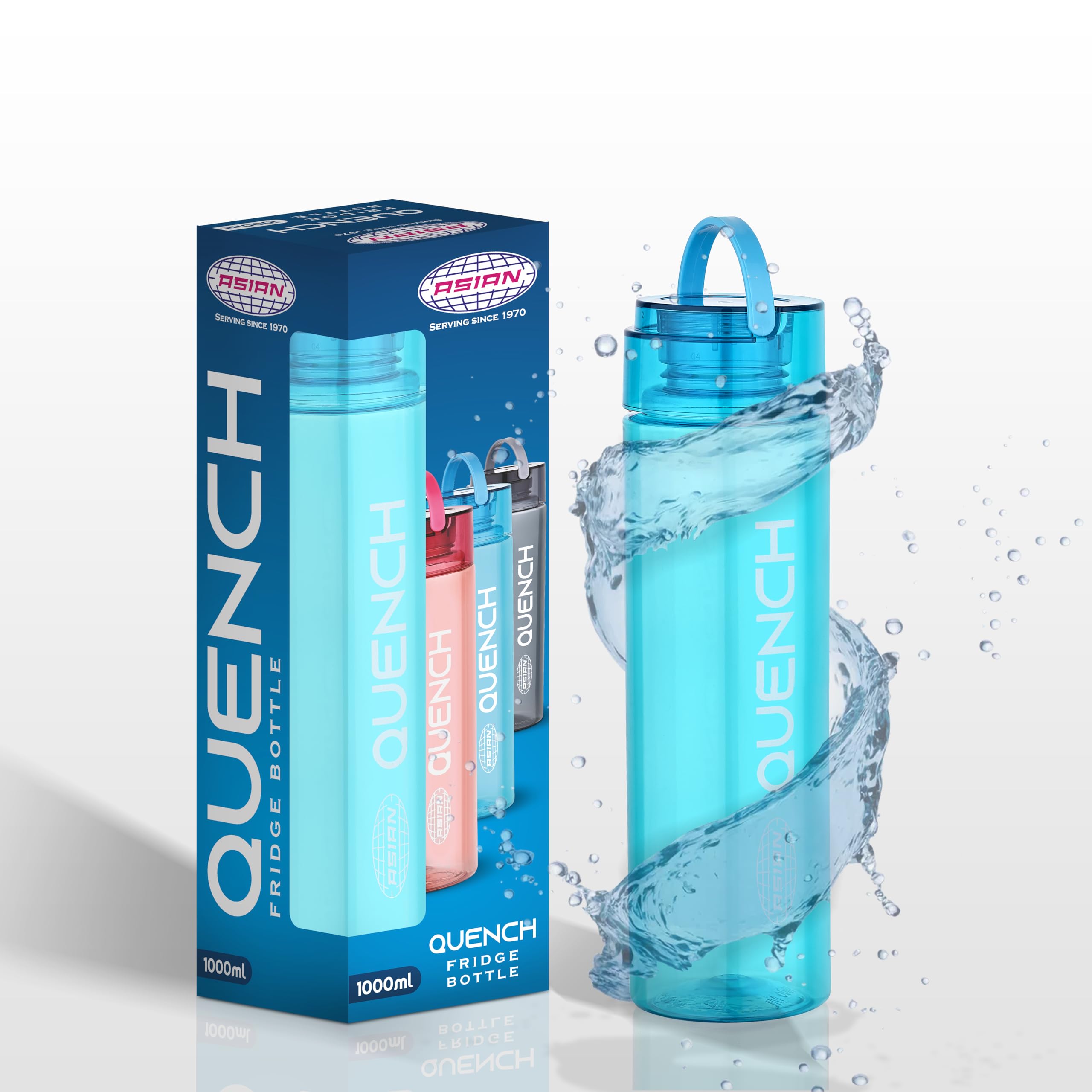 Asian Plastowares - Quench Water Bottle - 1 Litre | Lightweight Plastic Bottle for Home, School & Office | BPA-Free, Leak-Proof, Durable & Easy-to-Carry | Fridge Bottle | Blue