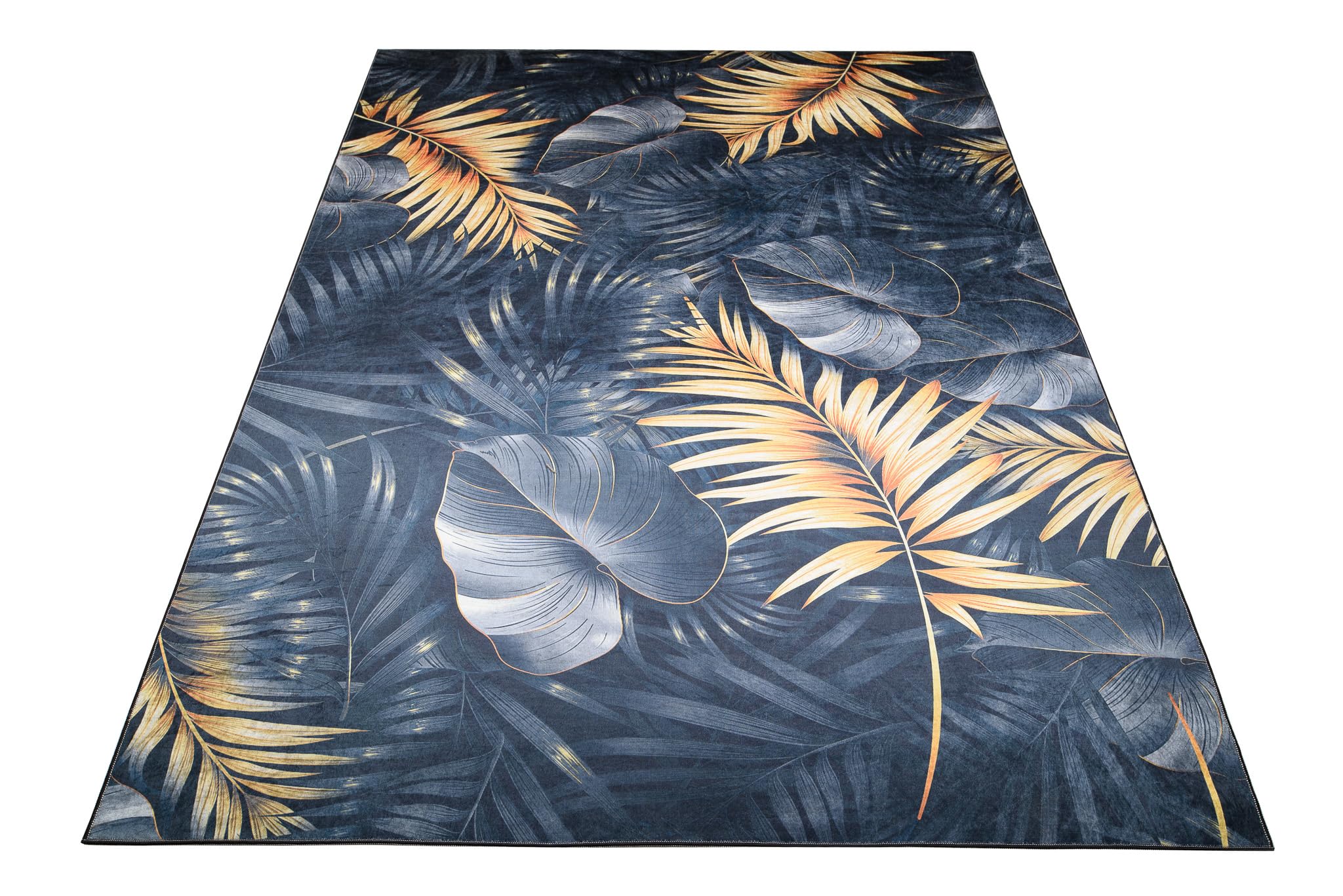 TAPISO Toscana Tapis de Salon Chambre Salle à Manger Bureau Entrée Ado Design Moderne Bleu Marine Jaune Imprimé Motif Feuilles de Monstère Palmier Poil Court Doux Léger Antidérapant 200 x 300 cm