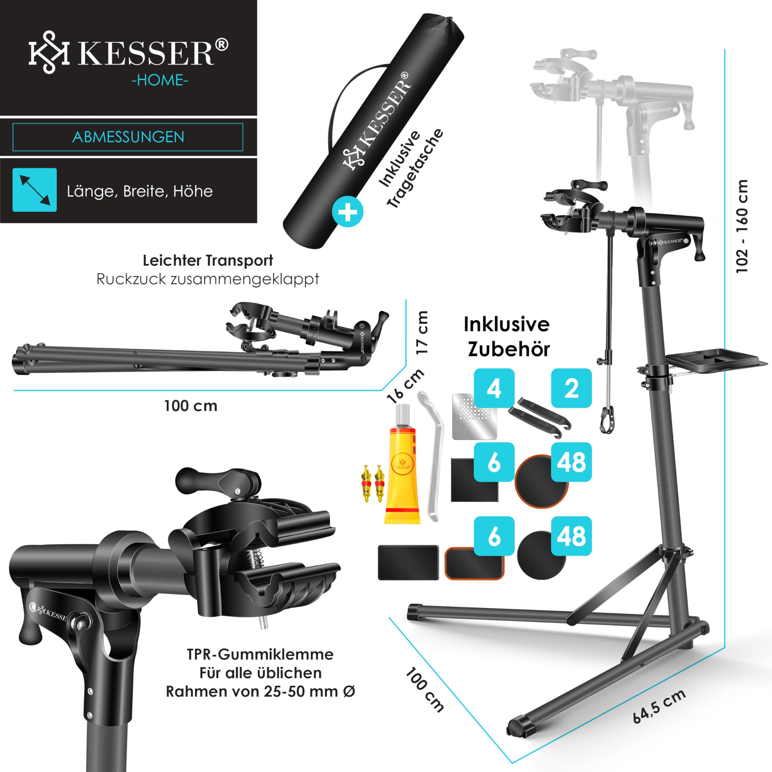 KESSER® Fahrradmontageständer Profi Alu Reparaturständer für Fahrräder Mountainbikes E-Bikes Schwerlast-Montageständer Fahrradständer 360° drehbar + Tasche, Flickzeug Set & magnetische Werkzeugablage