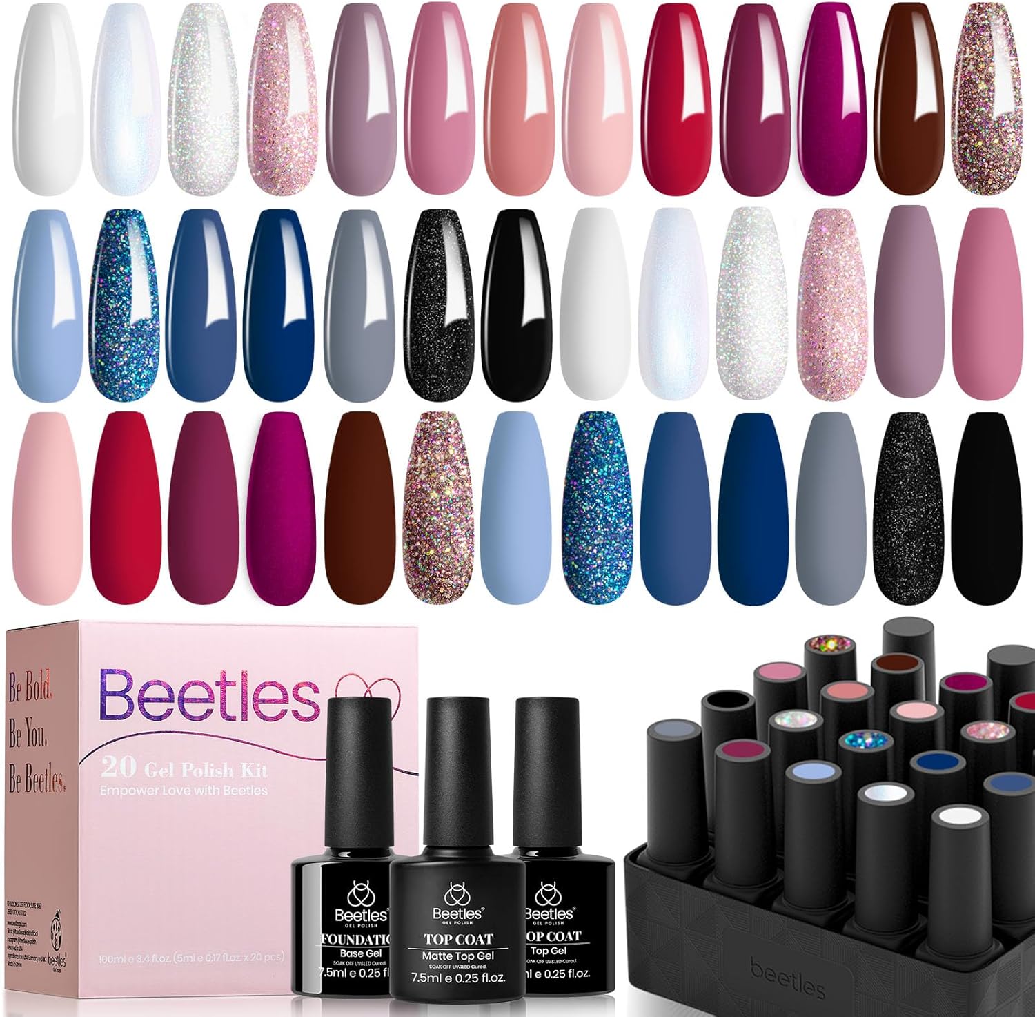 Beetles Gel Nail Polish Set 20 Colors (5ml), Glitter Pink Black Blue