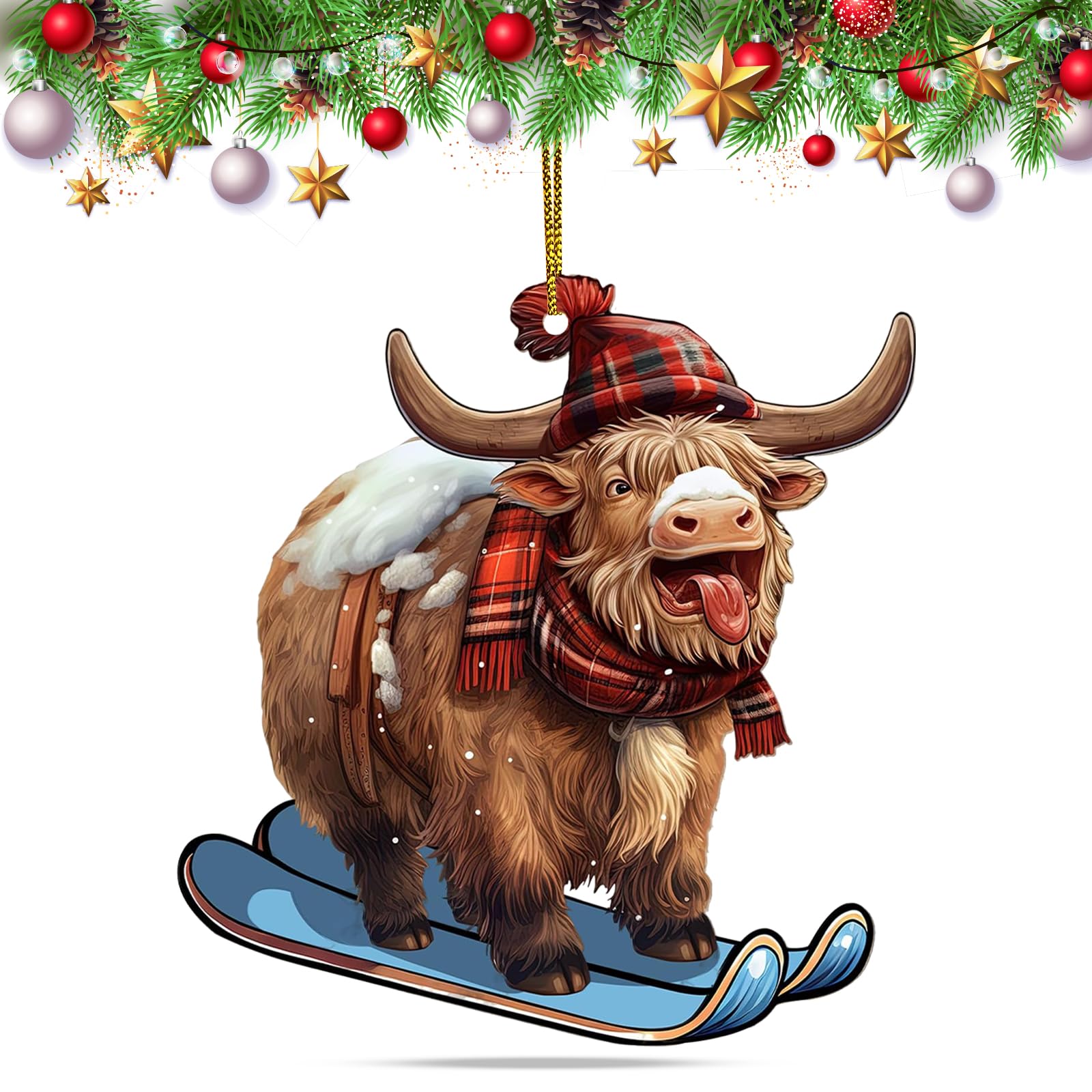 Funny Christmas Ornaments 2025, Highland Cow Surf Ornament for Christmas Tree, 2-Side Printed Flat Acrylic Ornament, Farmhouse Decor, Farm Decor Animal Gifts for Xmas
