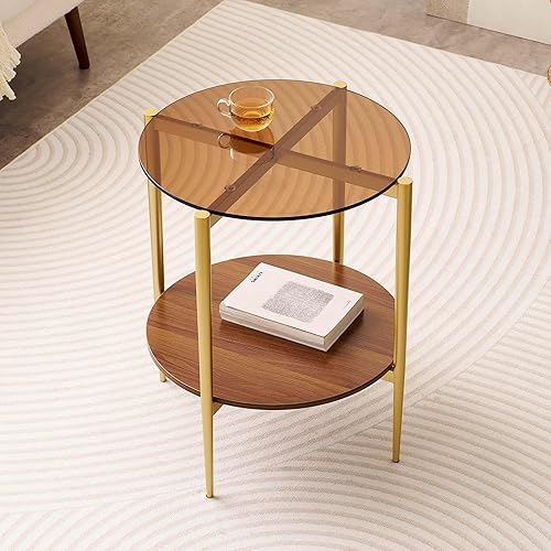 Mesa auxiliar redonda de cristal, mesa de sofá de diseño moderno de mediados de siglo para sala de estar, 18 pulgadas de diámetro x 23 pulgadas de