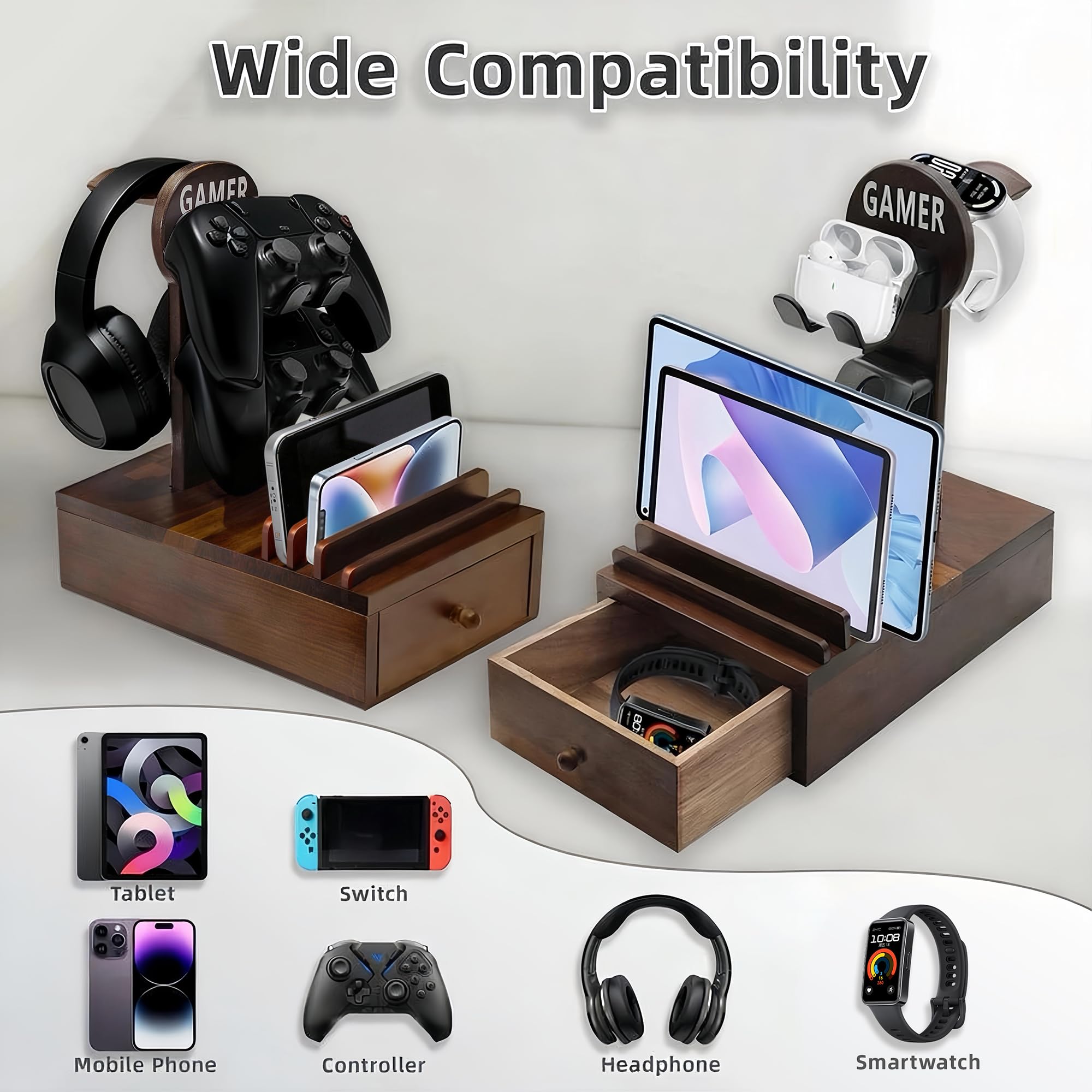 Regali per ragazzi adolescenti, supporto controller in legno e supporto per cuffie con cassetto portaoggetti per apparecchiature da gioco, regali di gioco per uomini, fratelli, figli