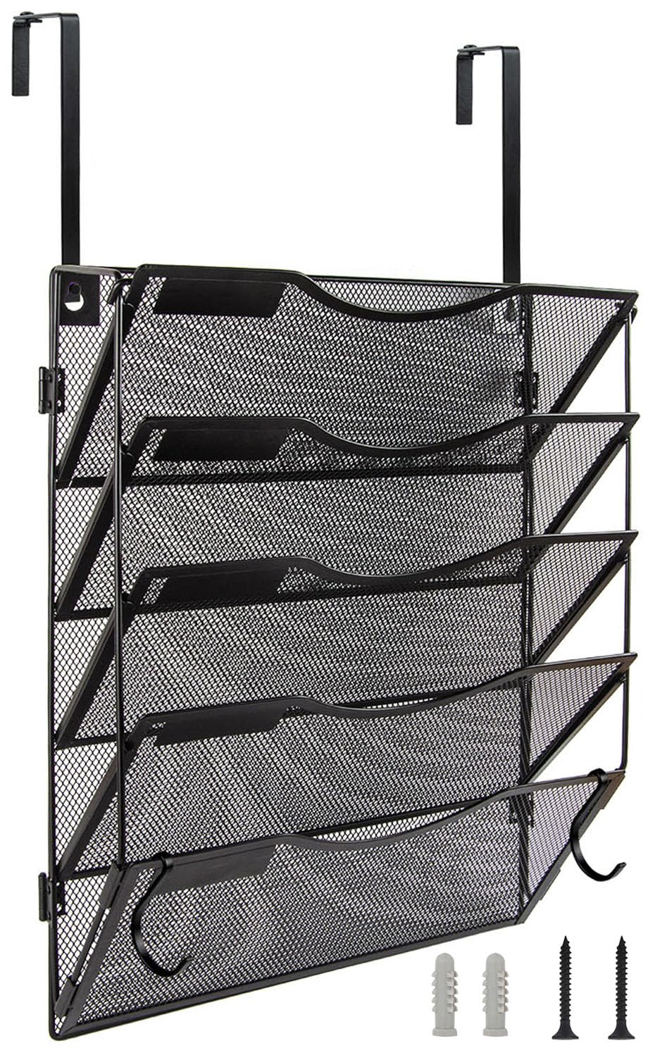 BOHDK Wall File Organizer 5 Pockets, Mail Organizer, Hanging Folder Holder, Foldable | Hanging or Wall Mounted | Label Panel | 2 Hooks | Office Home