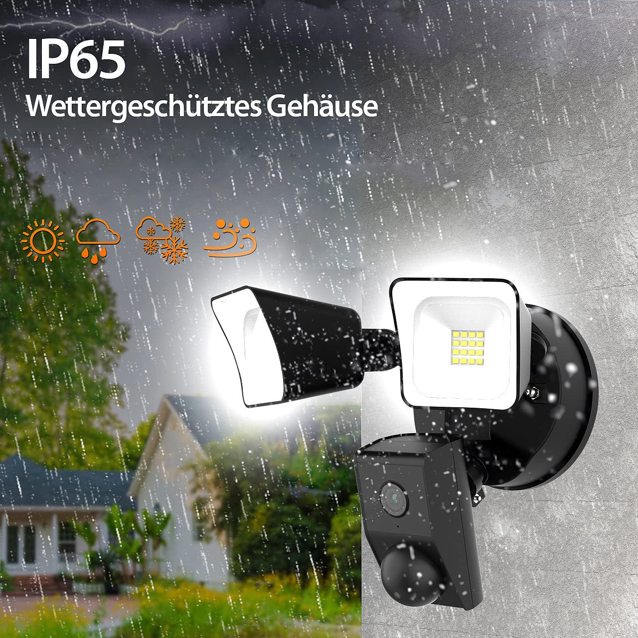 VisorTech Fluter: 2K-Kamera mit 2 LED-Strahlern, 2.400lm, Sirene, Nachtsicht, WLAN, App (Flutlicht mit Kamera, Outdoor Überwachungskamera WLAN, IP)