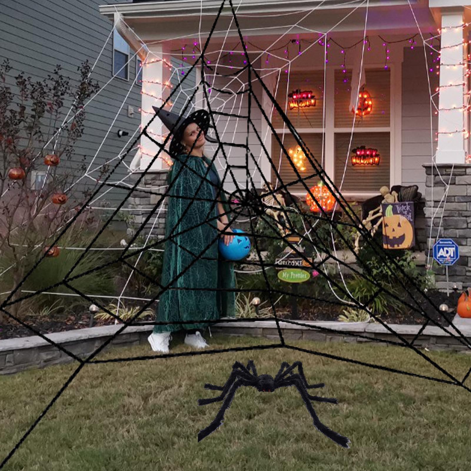 Decorazioni Ragnatela Ragnatela Halloween Esterno | Decorazione Illuminata a LED Effetto Reale Spaventosa 3 Metri per Giardino Percorsi Tavolo