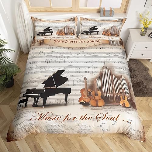 Juego de funda de edredón de violonchelo de piano tamaño King, funda de edredón con temática musical de 3 piezas para niños, niñas, niños y adultos,