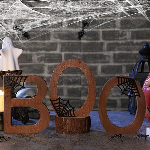 Miniatura 4 de Bucherry 3 piezas de letrero de Halloween Boo decoración de mesa de madera Happy Boo Day para interiores, decoración de bandeja de niveles retro,