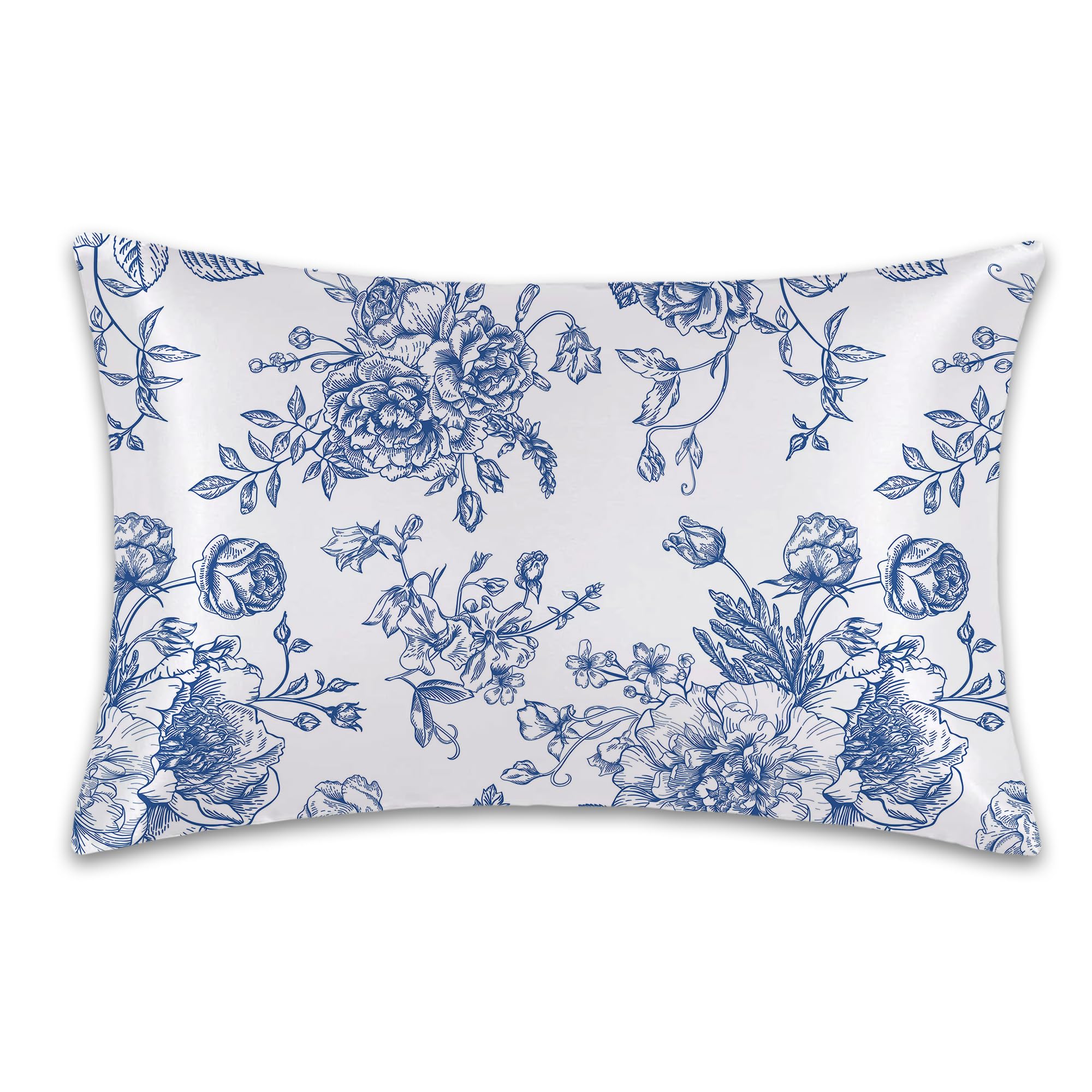 Photo 1 of Satin Pillowcase 1 Pack-Blue Flowers Peonies Roses Silky Pillow Cover for Hair and Skin,Standard Size 20x26 Inch Soft Cooling Printed Pillow Cases with Hidden Zipper,Gifts for Women Men