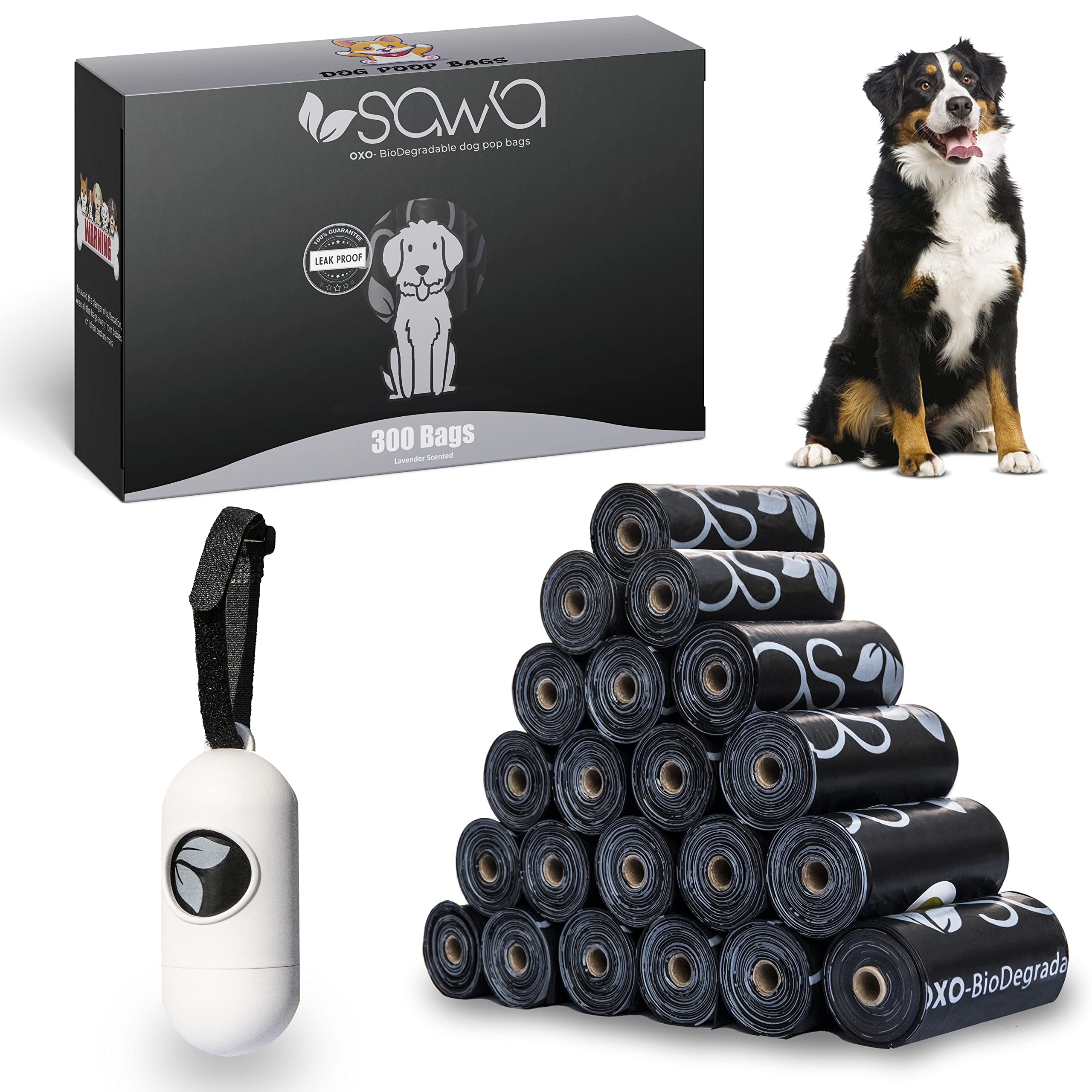 SAWA Dog Poop Bags, Lavender Scented with Dispenser 20 Rolls 300 Pack of Thick Poo Bags and Leash Clip for Doggy Cat Puppy Large Biodegradable leak Proof Eco- Friendly Dog Waste Bags, Pet Dog Supplies