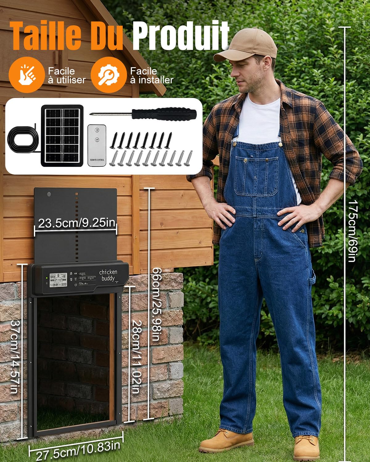 Grande Porte Automatique Poulailler Solaire en Alliage d’Aluminium, avec Télécommande, Capteur de Lumière, Minuterie, Sécurité Anti-Pincement, IP65 Étanche, Chargement Solaire ou Batterie, Écran LCD