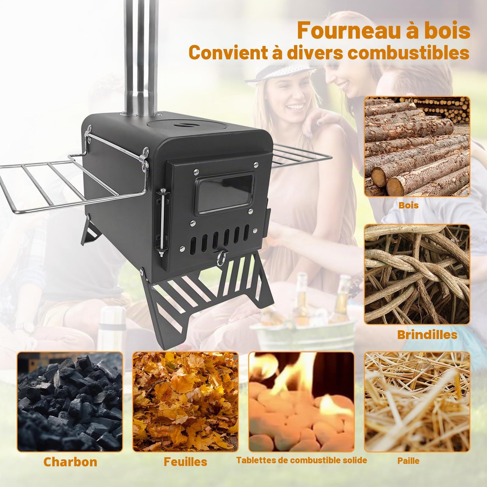 Réchaud de camping pour tente, taille élargie : 54 x 28 x 35 cm, poêle à bois portable d'extérieur avec tuyaux de cheminée en acier inoxydable, petit et confortable, pour la cuisine