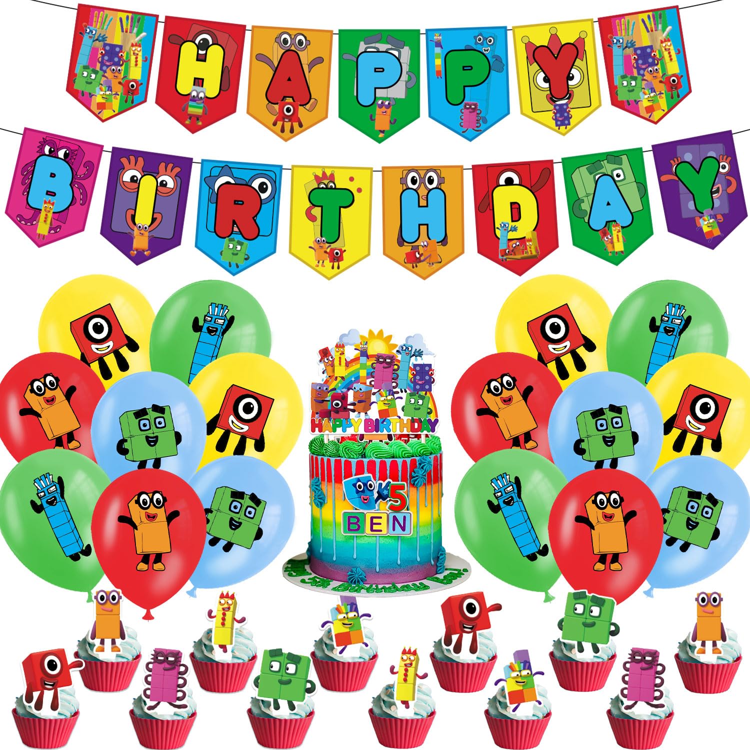 Generic 𝑁𝑢𝑚𝑏𝑒𝑟𝑏𝑙𝑜𝑐𝑘𝑠 Birthday Party Decorations, Cartoon Number Theme Party Supplies set with Banner, Cake Cupcake Toppers, Balloons for Kids Girls Fans Birthday Baby Shower Decorations