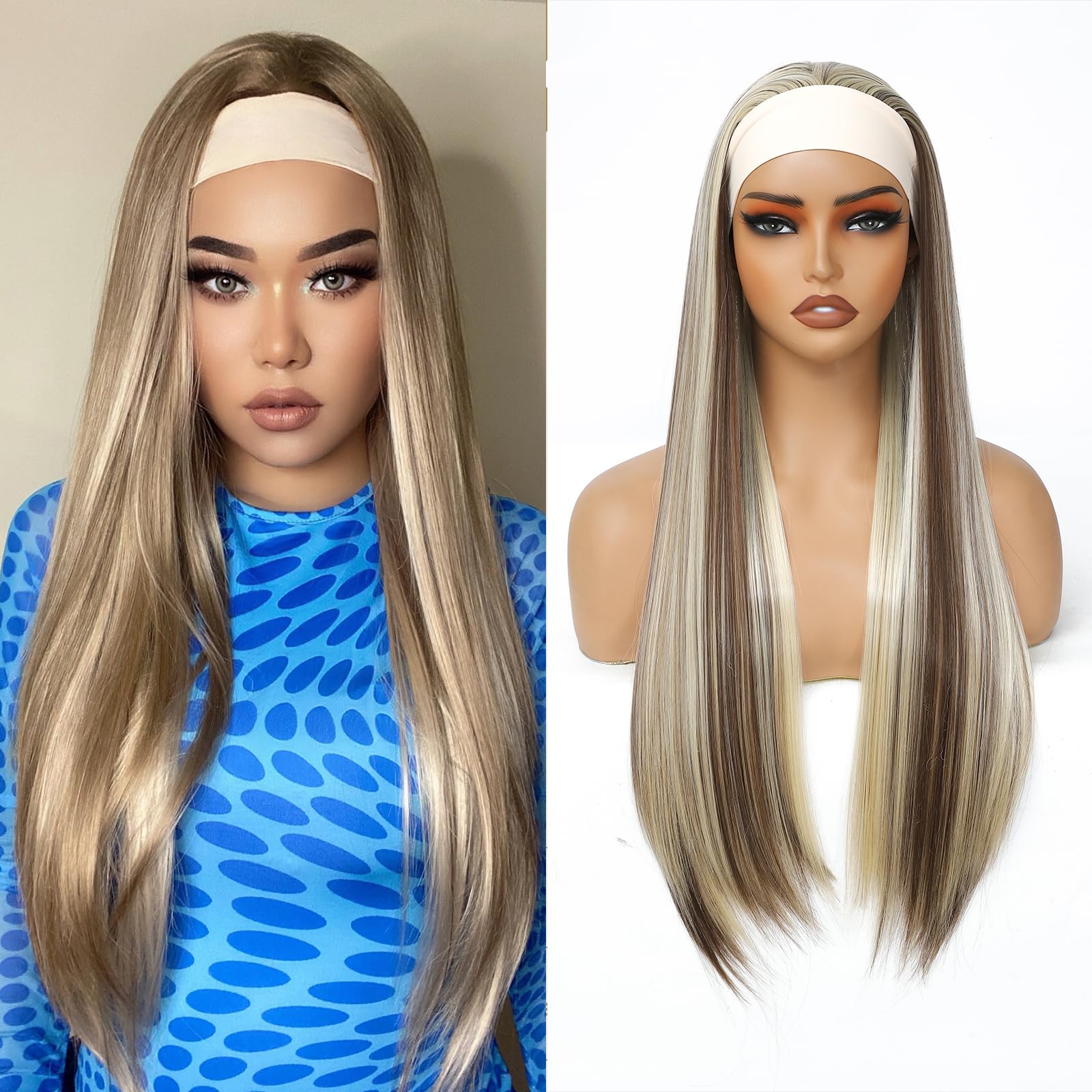 Yacurcur Headband Wigs Silky Straight Hair Glueless Headband Wig None Lace Front Headband Wig Synthetic Straight Hair Headband Wigs for Women 150% Density Blonde with Brown Color 28 Inch