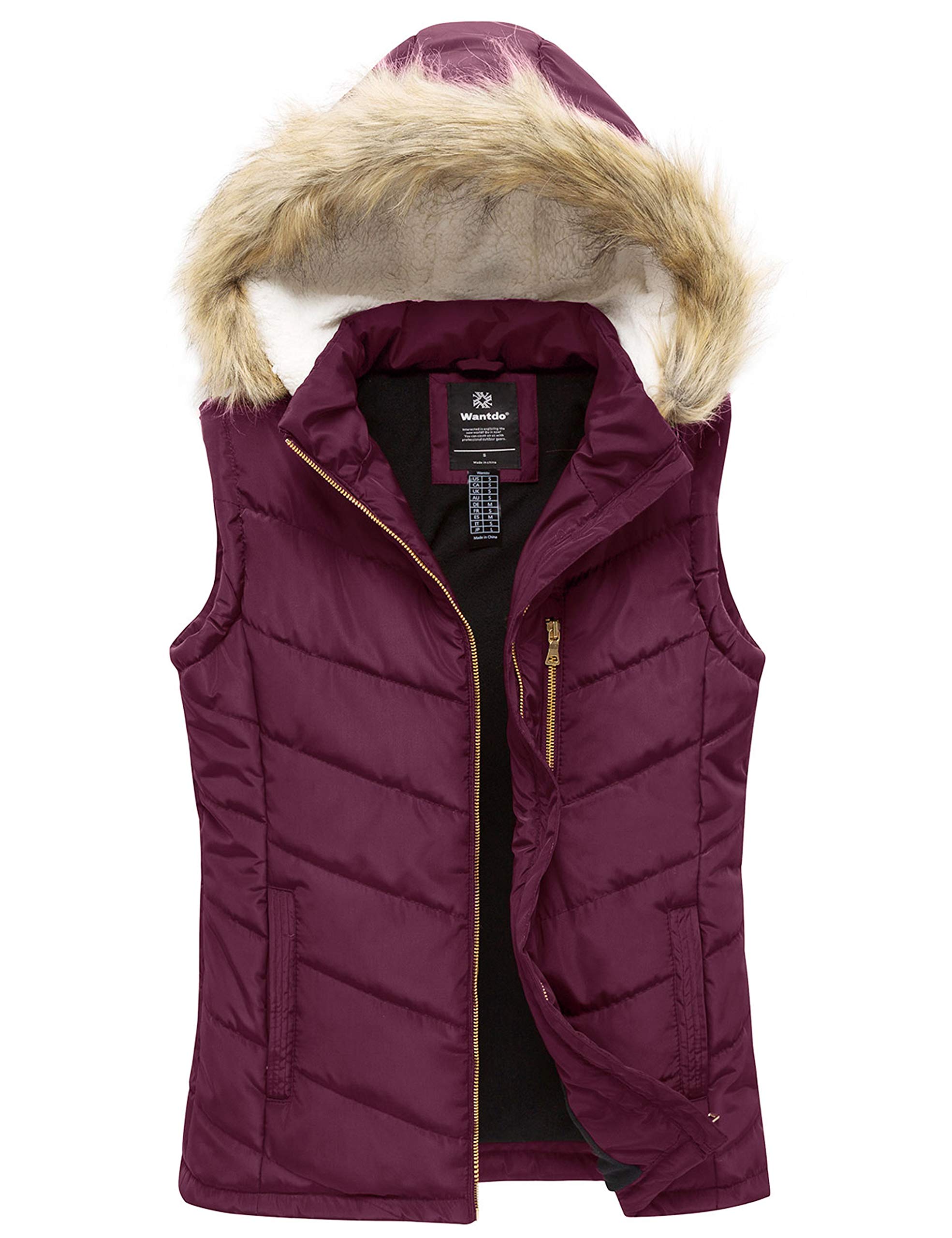 wantdo Women's Thicken Winter Vest Warm Puffer Vest with Removable Fur Hood