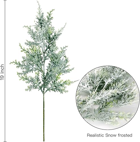 Miniatura 4 de Sggvecsy Paquete de 10 ramas de pino artificiales nevadas esmeriladas de cedro sintético de 19 pulgadas de largo, tallos de cedro de Navidad para