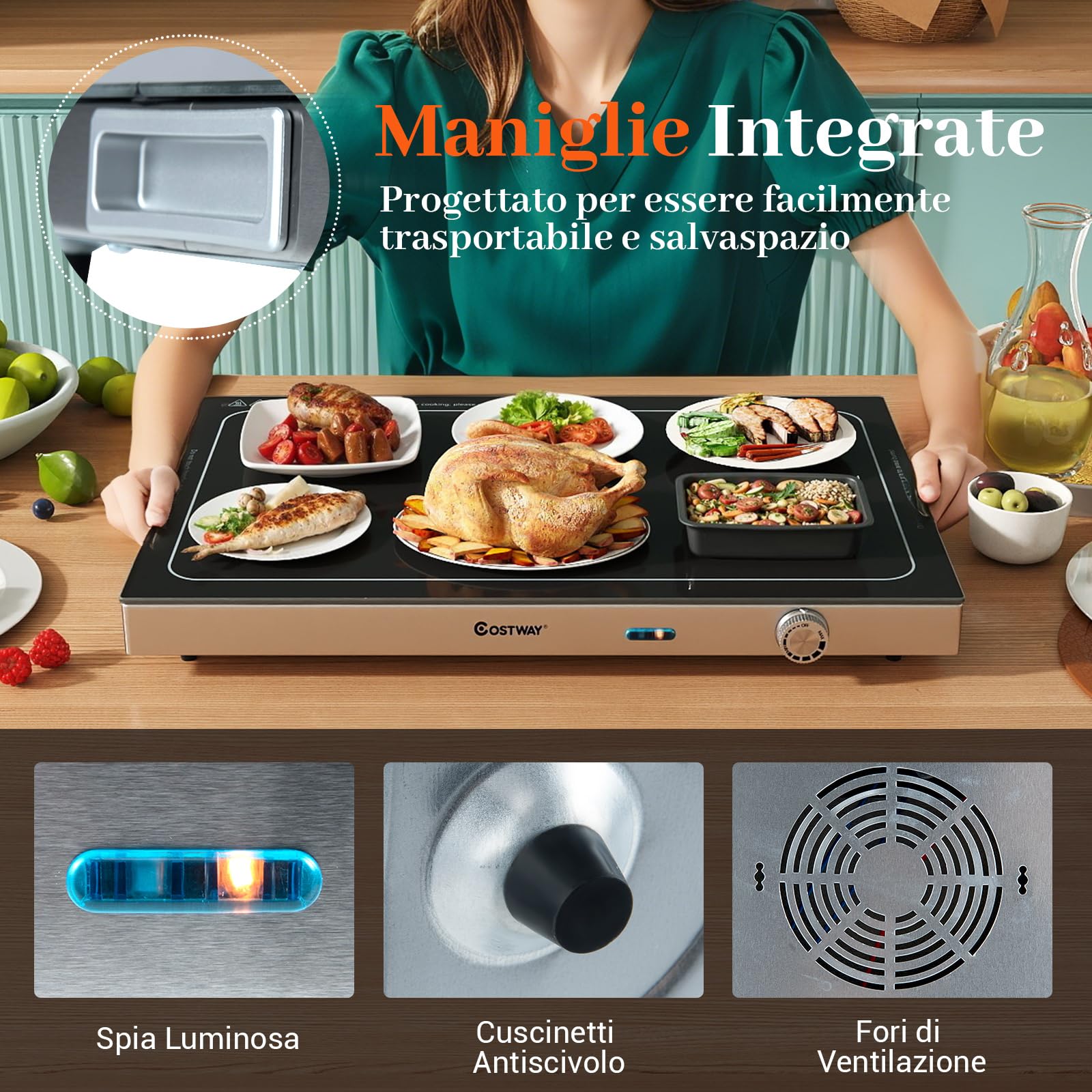 COSTWAY Vassoio Riscaldante Elettrico, con Temperatura Regolabile, Scaldavivande in Vetro Temperato con Termostato per Buffet, Feste ed Eventi, 50 x 29 cm