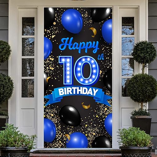 Cartel de feliz cumpleaños número 10 color azul y negro, decoración temática de globos de confeti para niñas de 10 años, suministros de cumpleaños,