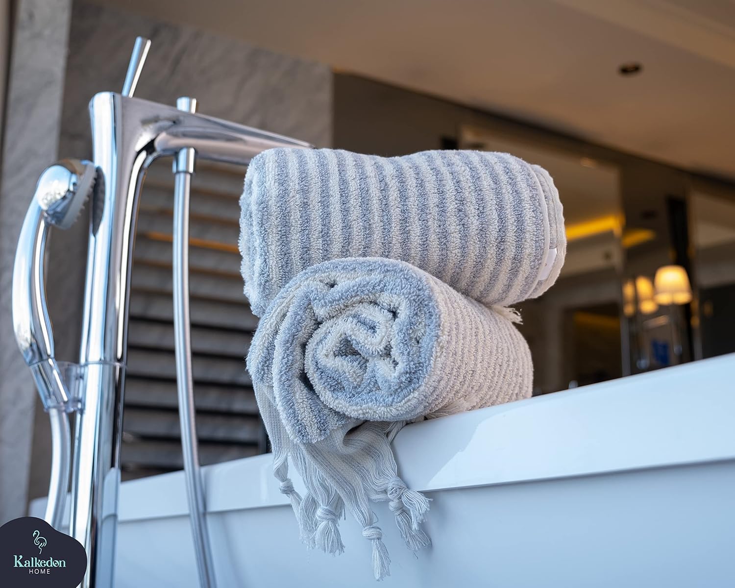 Striped Hand and Bath Towels for Bathroom | Set of 2 Hand Towels | Organic Turkish Cotton | Large Soft Plush Fluffy Absorbent Ribbed Bath Towels (Hand Towel Set, Gray)