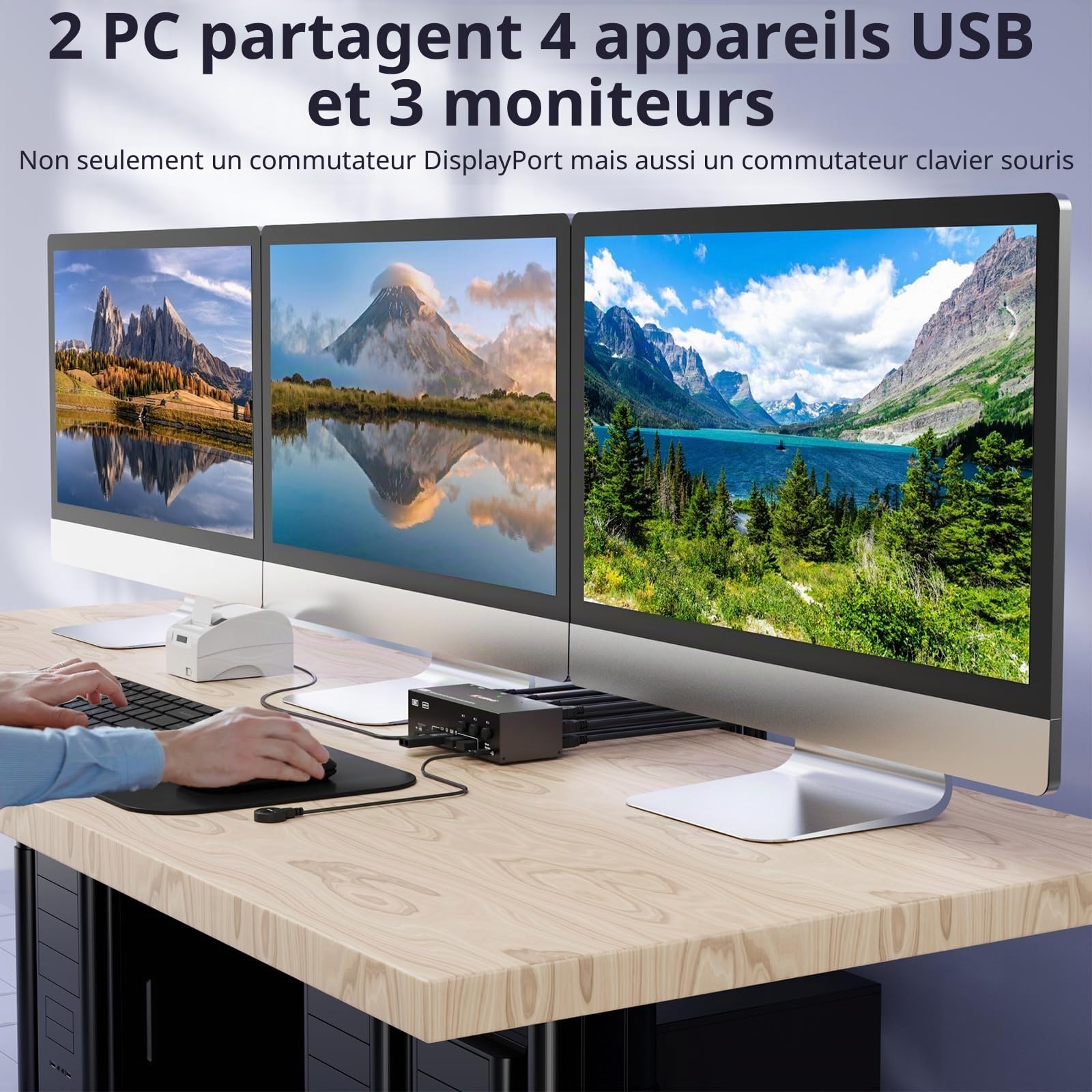 Switch KVM 2 PC 3 moniteurs 8K@60Hz 4K@144Hz, commutateur KVM triple moniteur DisplayPort + HDMI et 4 ports USB 3.0 pour 2 PC Share 3 moniteurs, avec alimentation 12 V DC et télécommande filaire