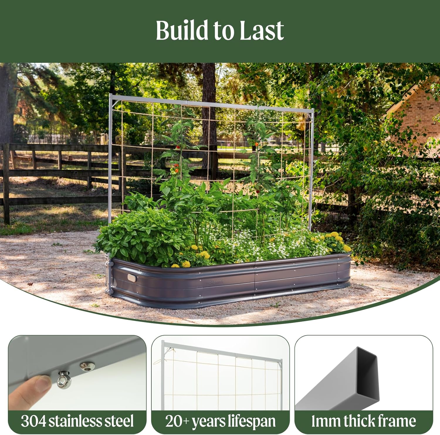 Vego garden 17" Tall 3.5ft x 6.5ft Raised Garden Bed & 6.5ft Wide Metal Trellis, Olive Green
