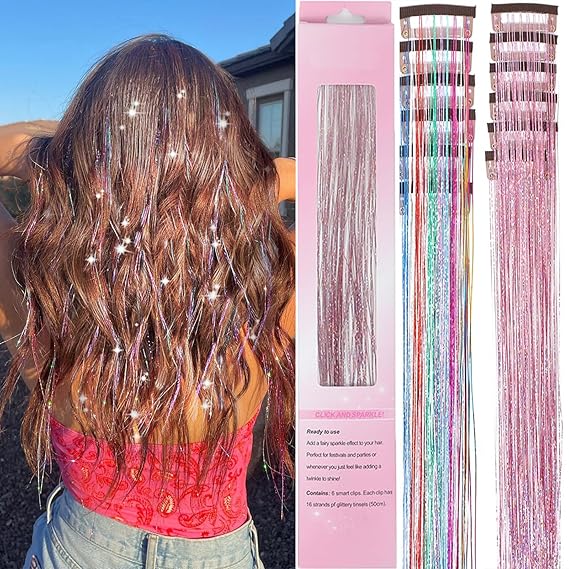 Hair Tinsel 12 Pcs Clip in Hair Tinsel Kit for Girls 22 Inch Glitter Fairy Tinsel Hair Extensions Colorful Heat Resistant Party Festival Accessories for Women (pink/multicolor-12 Pcs)