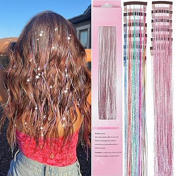 Hair Tinsel 12 Pcs Clip in Hair Tinsel Kit for Girls 22 Inch Glitter Fairy Tinsel Hair Extensions Colorful Heat Resistant Party Festival Accessories for Women (pink/multicolor-12 Pcs)
