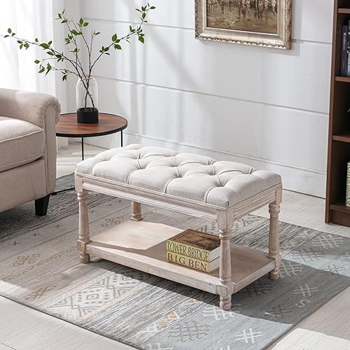 Miniatura 12 de Banco de almacenamiento de madera para entrada, banco otomano tapizado de lino con botones con patas negras para dormitorio, extremo de la cama, 45