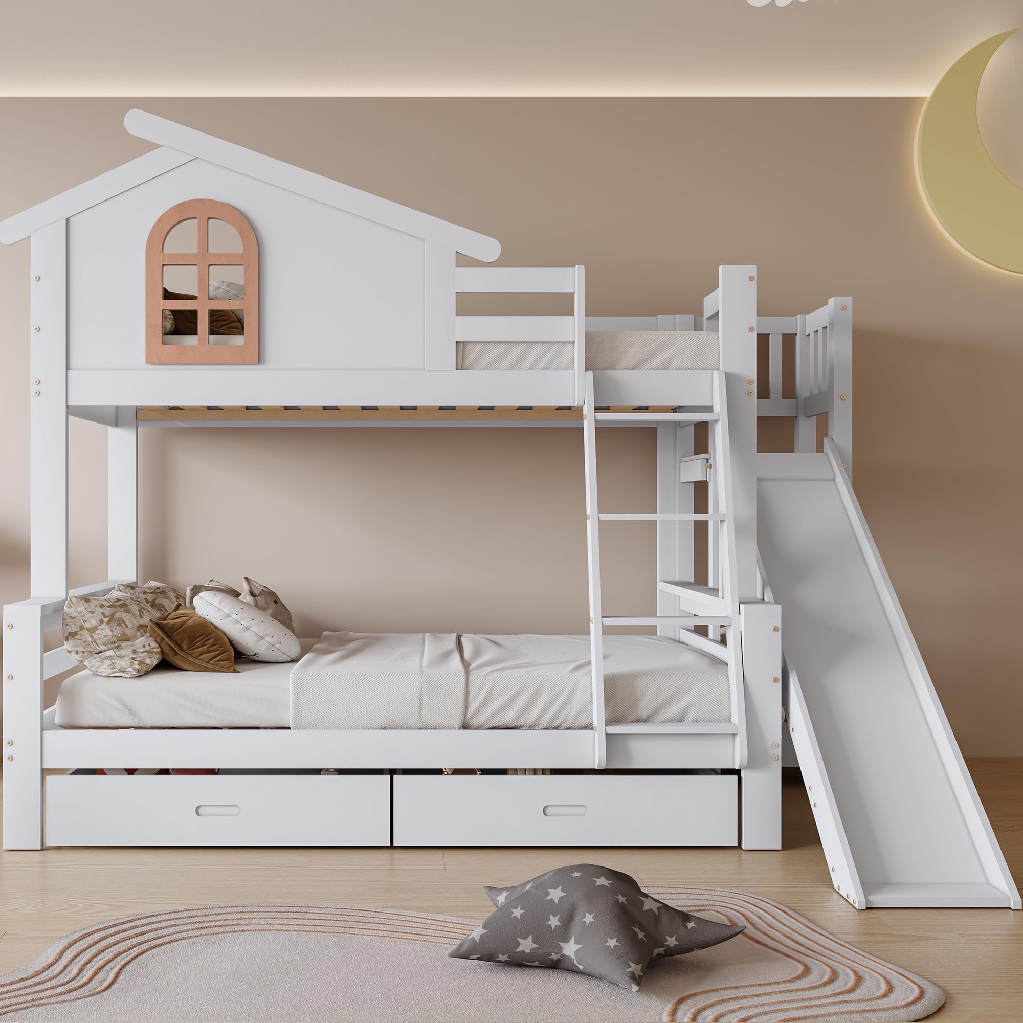 Moimhear Etagenbett mit charakteristischen Fenstern und vierstufiger Kipptreppe, Kinder und Mutterbett mit mit Rutsche, mit Zwei Schubladen, Bettrahmen aus Massivholz, Weiß, 90x200 & 120x200cm