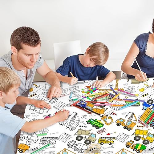 Miniatura 4 de Mantel gigante para colorear de fiesta de construcción para niños, cubierta de mesa con temática de construcción enorme, póster de pintura de camión