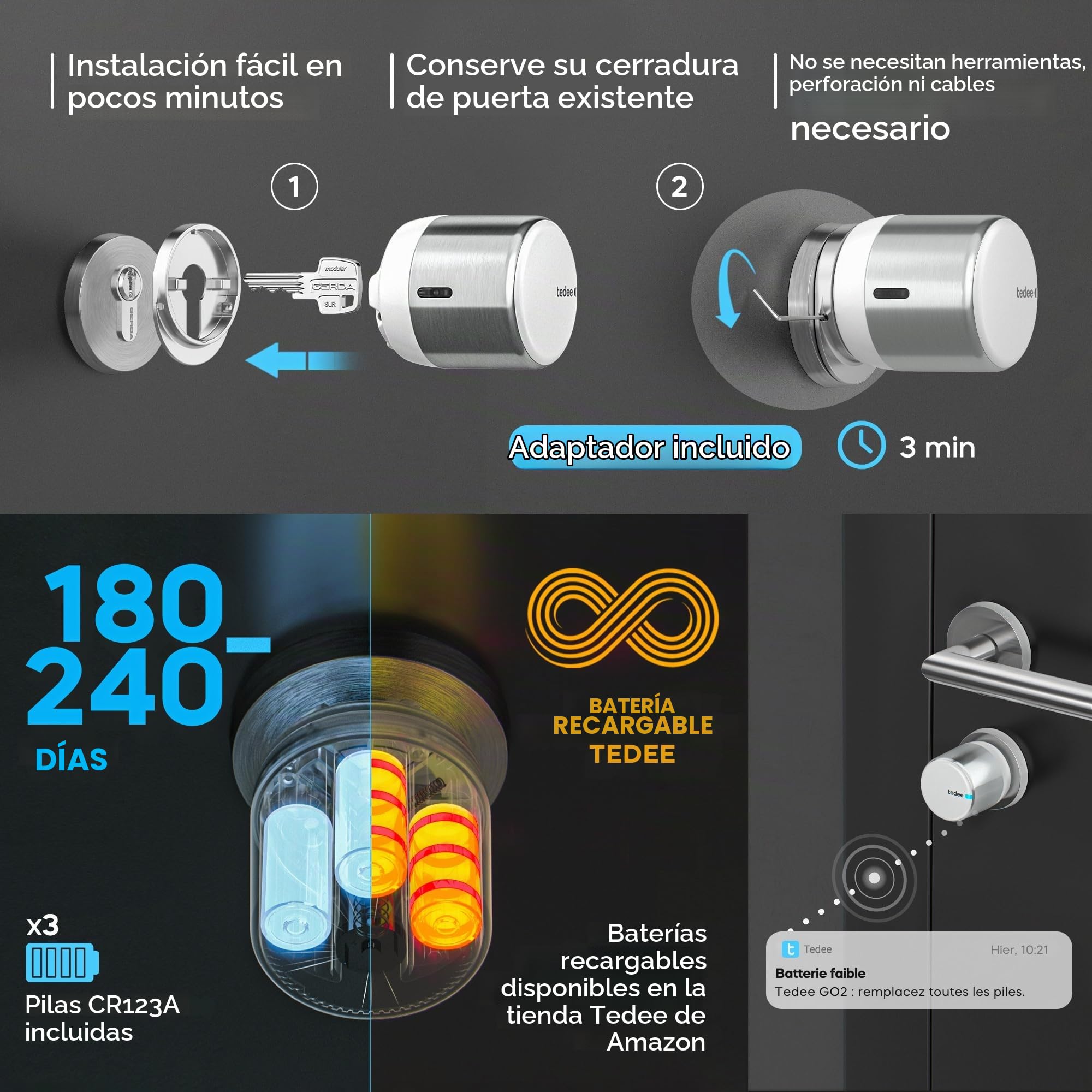 Tedee GO2 Cerradura Inteligente con Teclado Keypad PRO, Cilindro Modular EXXO Smart de Aluminio, Cerradura Electrónica para Puerta, Bluetooth Acceso Remoto, Compatible con Alexa y Google Matter