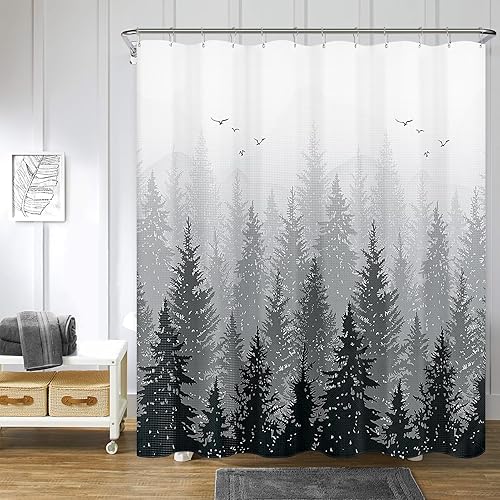 Cortina de ducha verde diseño de bosque de montaña, cortina de ducha de árbol natural, cortinas de ducha de verano para baño, bañeras repelentes al