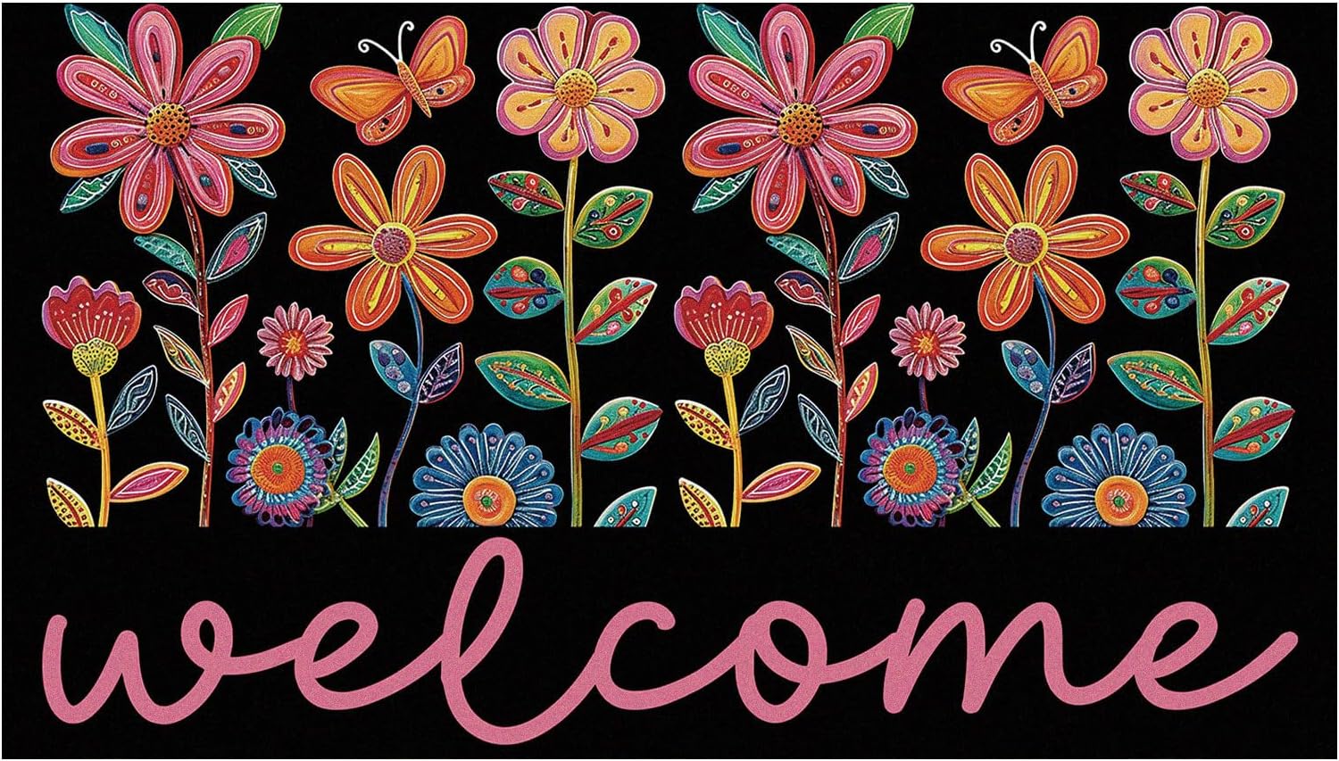 Front Door Mat Outside Entrance, Rubber Back Non-Slip Funny Spring Doormat with Colorful Flowers,Outside Entrance Rug Welcome Mat Outdoor Indoor Black,30x17