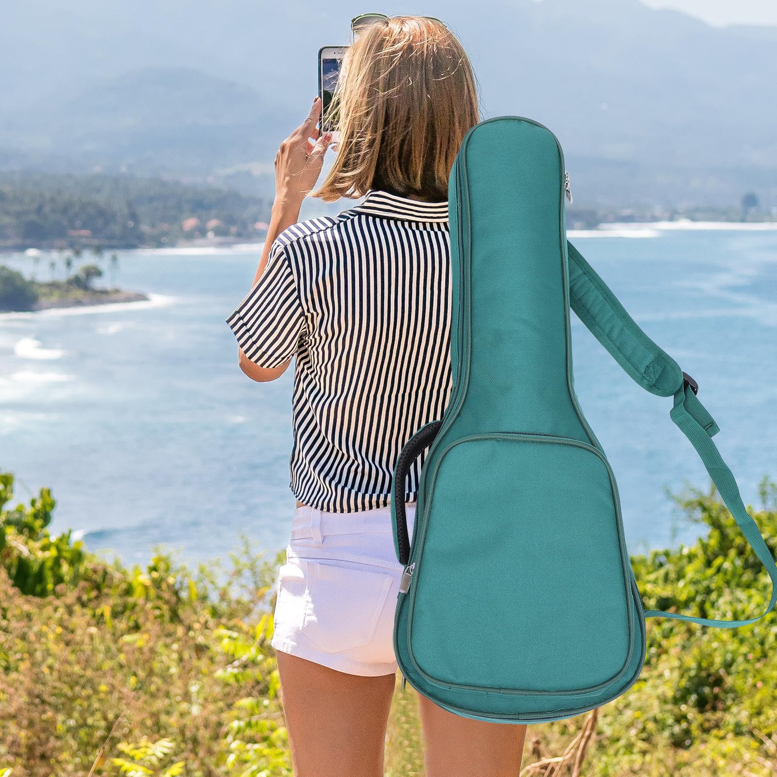 Custodia per Ukulele in Oxford Verde, Imbottita, 26/27 Pollici | Capacità Ampia, Tessuto, Tracolla Regolabile, per Strumento a Quattro Corde