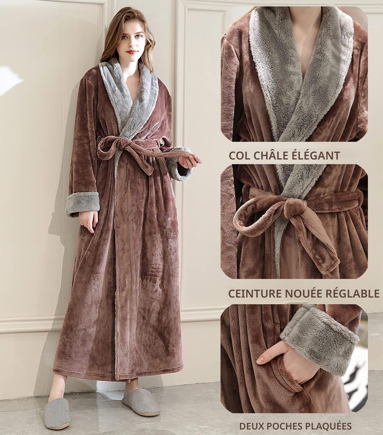 CaiDieNu Robe De Chambre Femme Polaire Longue Peignoir Robe d interieur Hiver Chaude Doux Microfibre Flanelle