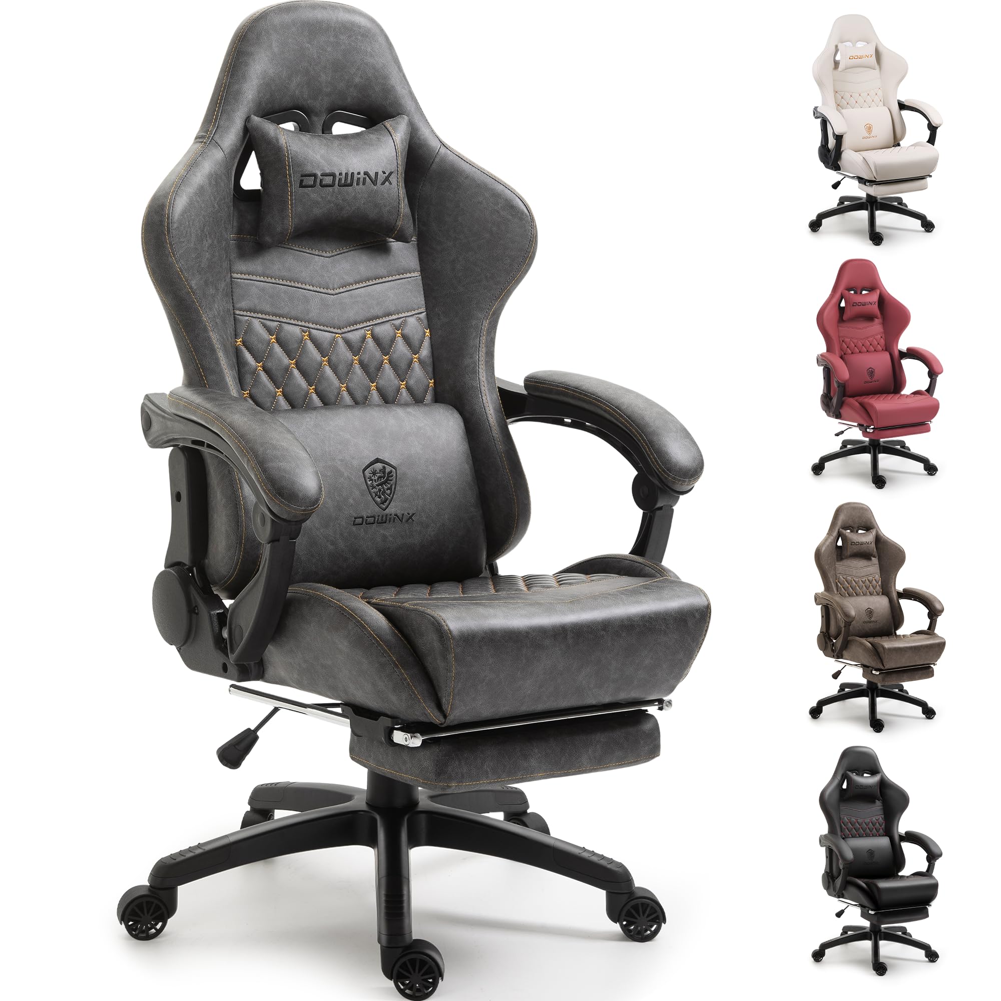 Gaming Chair for Office, PC with Massage Lumbar Support, Vintage Style PU Leather High Back Adjustable Swivel Task Chair with Footrest (Light Grey)