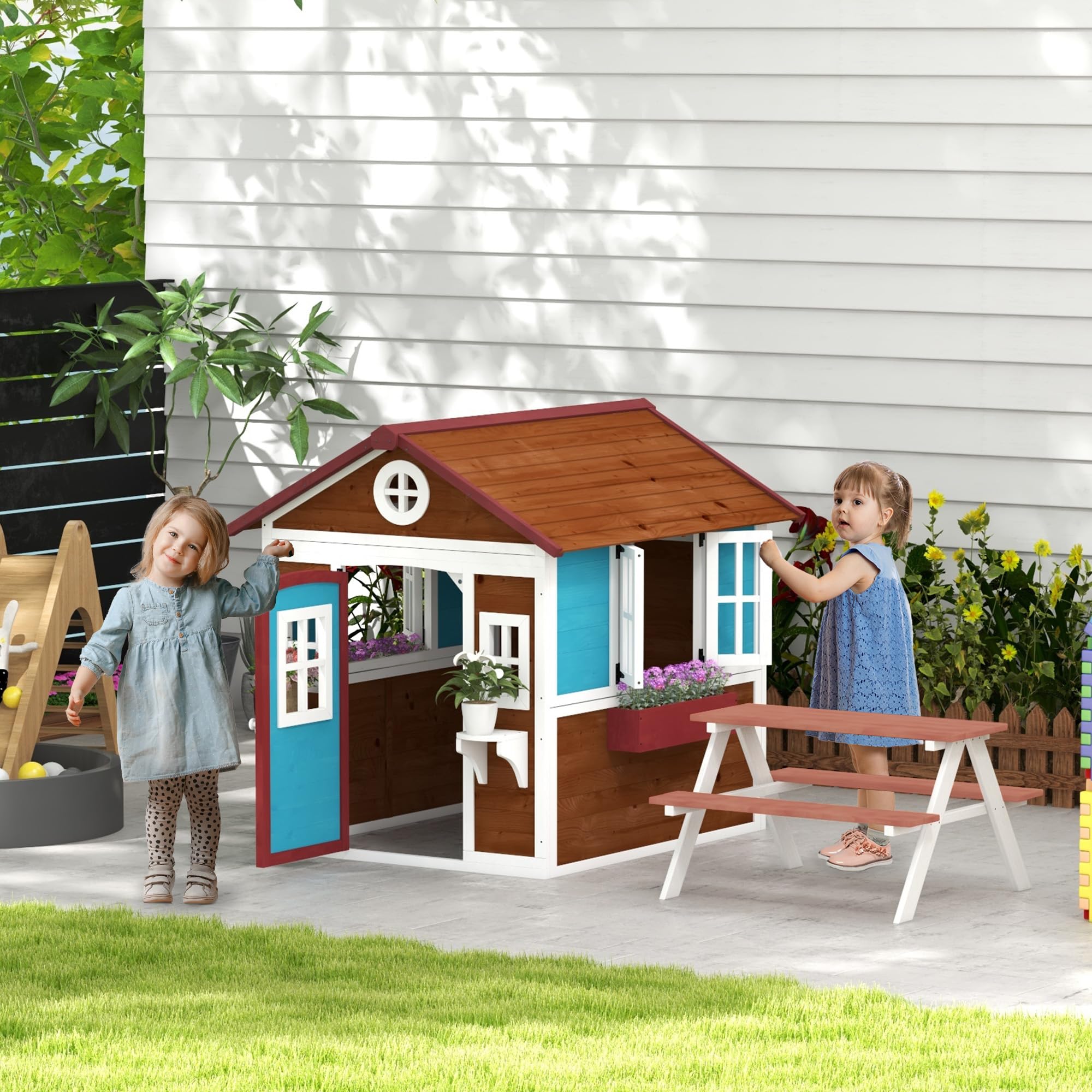 Outsunny Casita Infantil Madera Puerta Ventanas Jardineras Soportes Flores Casa Jardín Niños 3-8 Años Marrón Oscuro