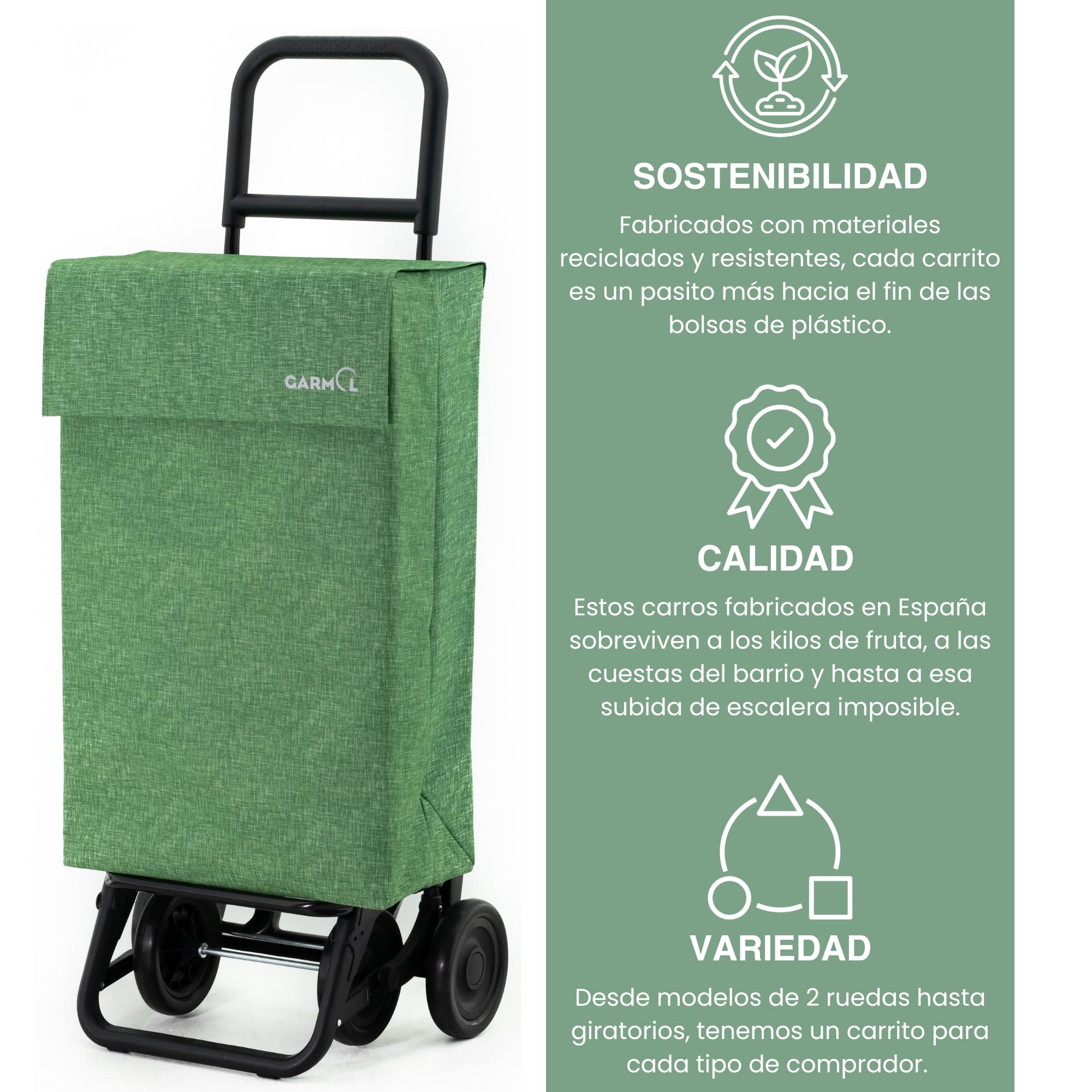 GARMOL Carro de la Compra Plegable 48 litros | Carro de la Compra 4 Ruedas Gran Capacidad | Carrito Compra 4 Ruedas Plegable Color Verde