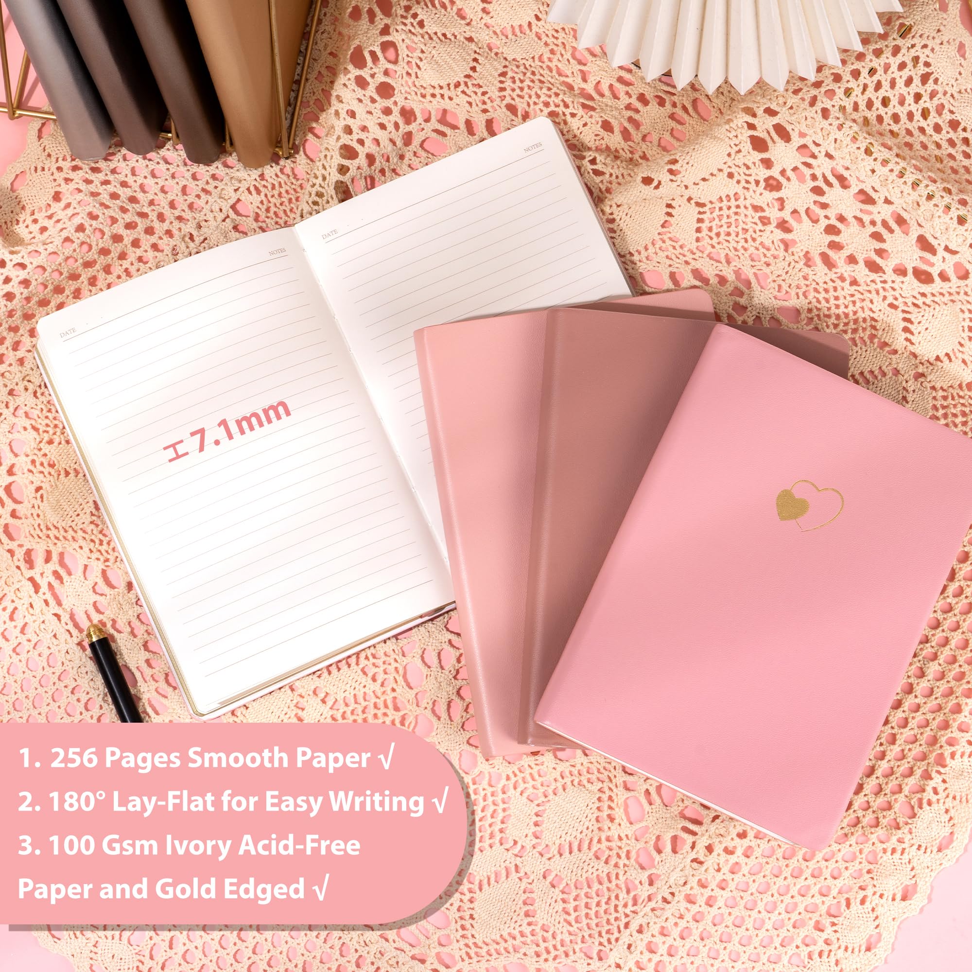 CAGIE Pack de 4 cuadernos con forro para mujeres y niñas, 256 páginas con diario de piel en forma de corazón para escribir A5, cuaderno de tapa blanda para la escuela de trabajo (gradiente rosa, A5)