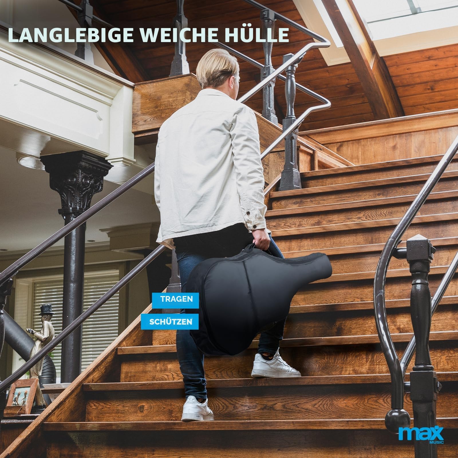 MAX SoloArt - 4/4 Akustik Gitarre für Anfänger Einsteiger Erwachsene - Akustikgitarre inkl. Tasche, Stimmgerät, Plektrum, Gurt und Zubehör - Acoustic, Konzertgitarre in Schwarz