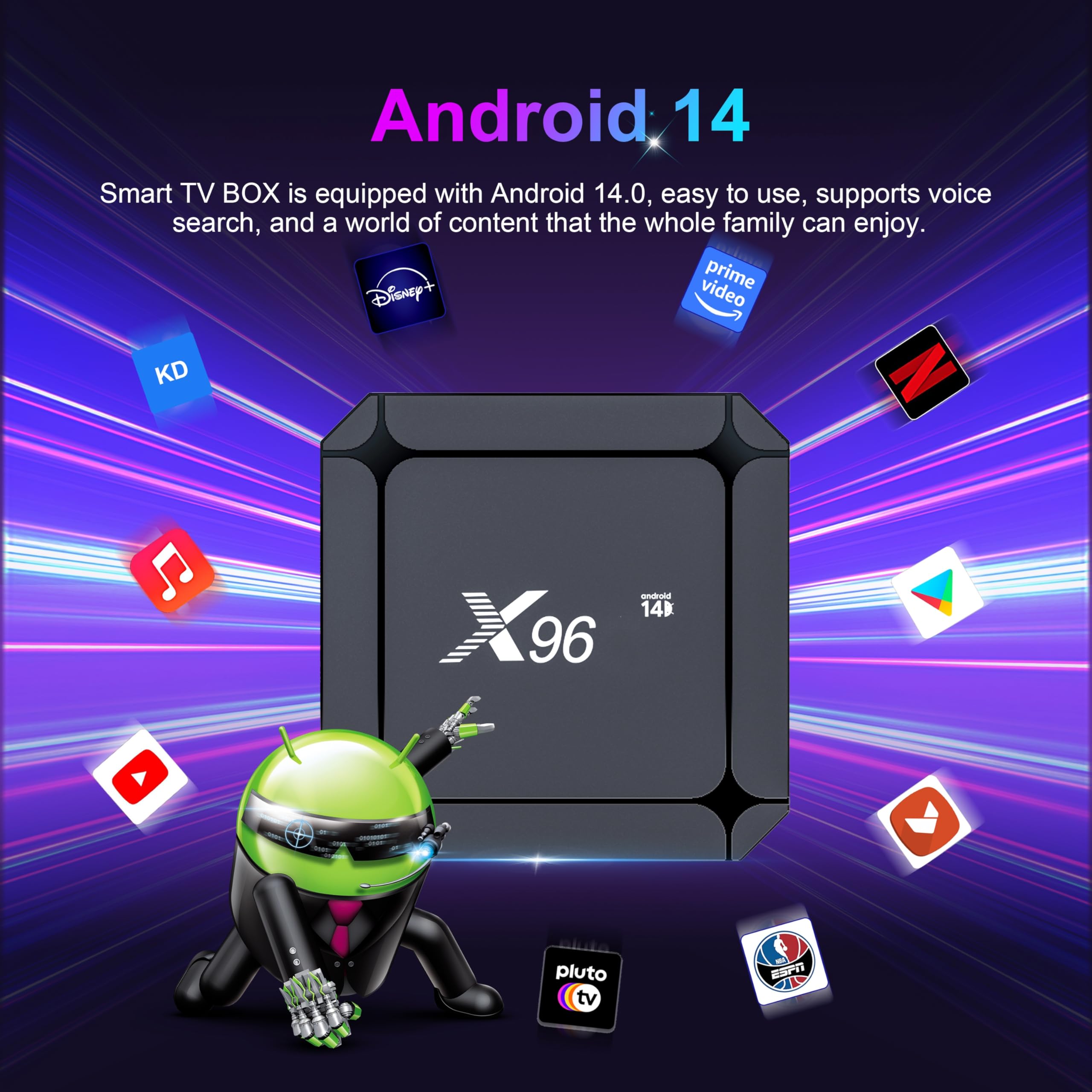 Android 14.0 TV Box, Boîtier TV 2GB RAM 16GB ROM RK3518 Quad-Core Cortex-A53, Android Box Support 2.4/5.0GHz 4K 100M Ethernet HD USB 3.0/2.0 TV Box