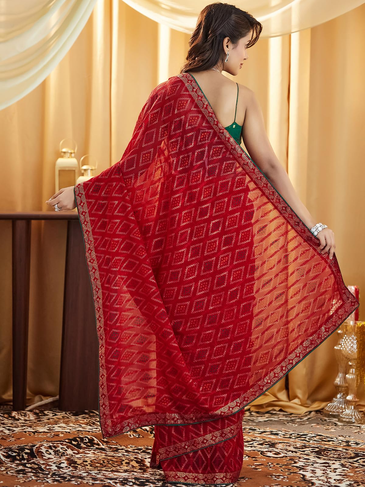 Satrani Women's Georgette Bandhani Printed Stone Work Self Woven Saree With Unstitched Blouse Piece (4020S571N_Red)