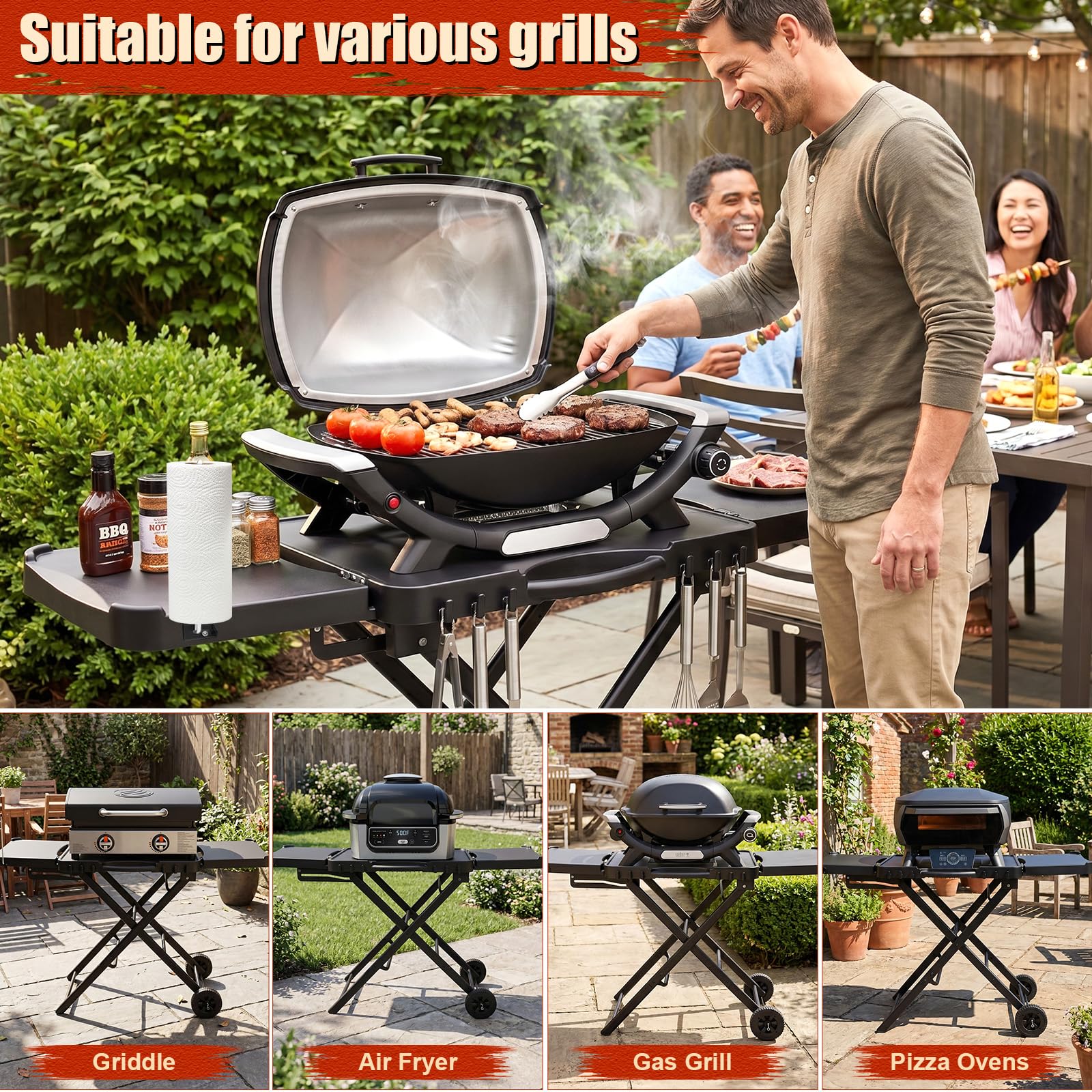 Denmay Carro de mesa para Weber Q100 Q200 Q300 Serie, Enders Urban, Nexgrill, Ninja Woodfire Grill, horno de pizza, Solo Stove, Burnhard Wayne, soporte de parrilla con ruedas para la mayoría de las