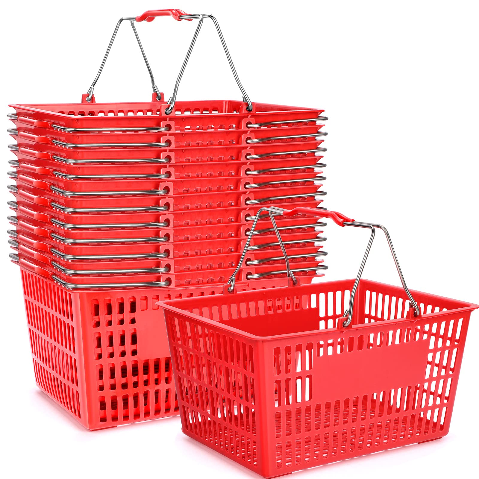 12 Pcs Shopping Baskets, 18 l Plastic Shopping Basket with Metal Handle, 15 x 11 x 4 Inches Portable Store Retail Basket for Supermarket, Retail, Grocery