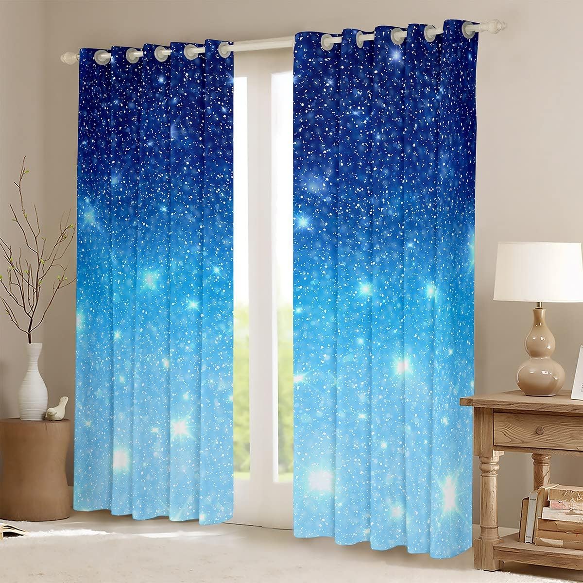 Feelyou Blue Galaxy Curtains for Bedroom for Boys Girls Glitter Pastel Thermal Insulated Window Drapes Sparkling Stars Window Treatment 38"x54"