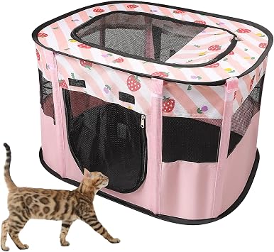 Foldable Pet Playpen, Portable Dog Cat Kennel Cage, Indoor/Outdoor Pop up Pet Tent Fence, Rectangle Delivery Room Pets Tent for Puppy Dog Kitten Cat, Pink