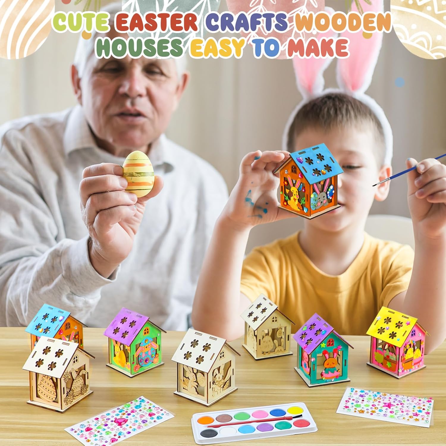 8Pcs Easter Crafts Wooden House with 12 Paint, Easter Arts and Crafts for Boys Girls Ages 3 4 5 6 7 8 12 Years Old, Adults DIY Easter Painting Crafts Kit Activities Bulk Supplies with Easter Egg Bunny