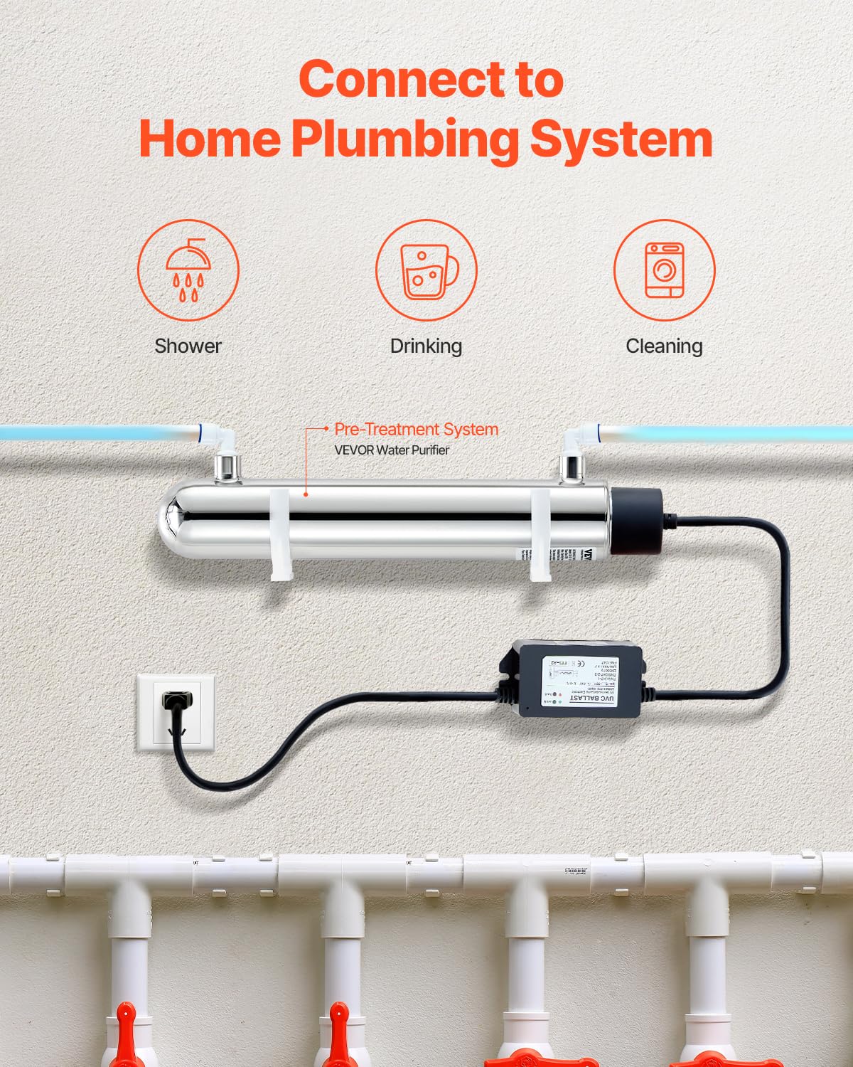 VEVOR 12 W Purificador de Agua Ultravioleta, 1 GPM, Filtro Purificador de Agua Ultravioleta Versátil para Toda la Casa con Carcasa de Acero Inoxidable, Funda de Cuarzo Apto para Ducha, Bebida