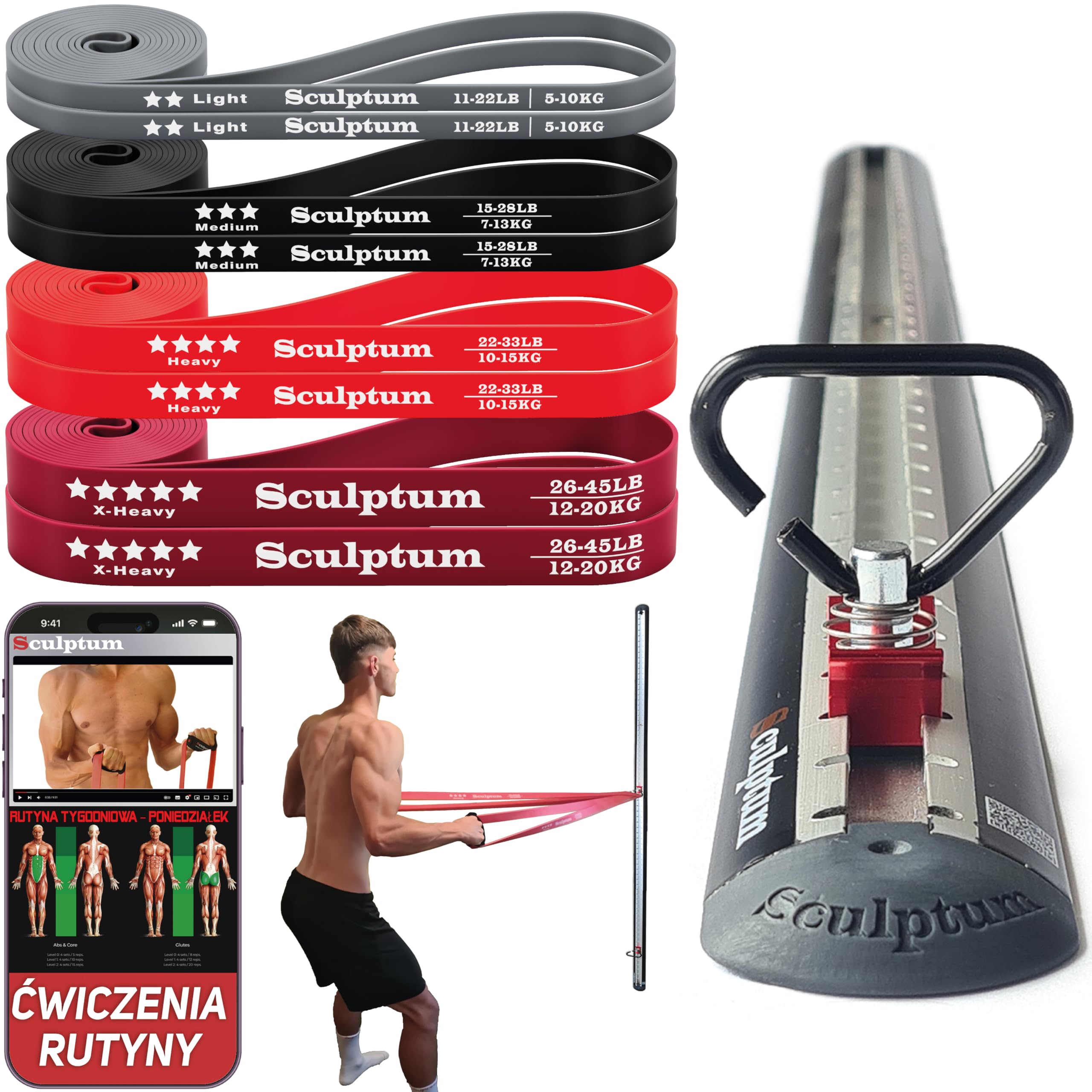 Elastyczne taśmy oporowe, 2 zestawy 4 gumek (TPE), z 2 prowadnicami aluminiowymi 1 m. z zaczepami wielopozycyjnymi. Domowa siłownia do ćwiczeń fitness całego ciała. Przewodnik wideo.